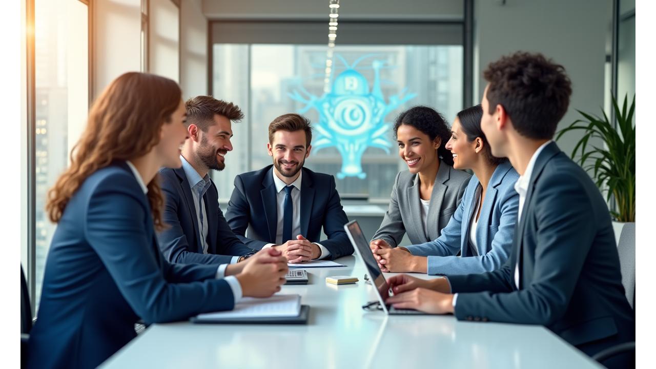 A diverse team of financial technology professionals collaborating in a modern office, exuding competence and professionalism.