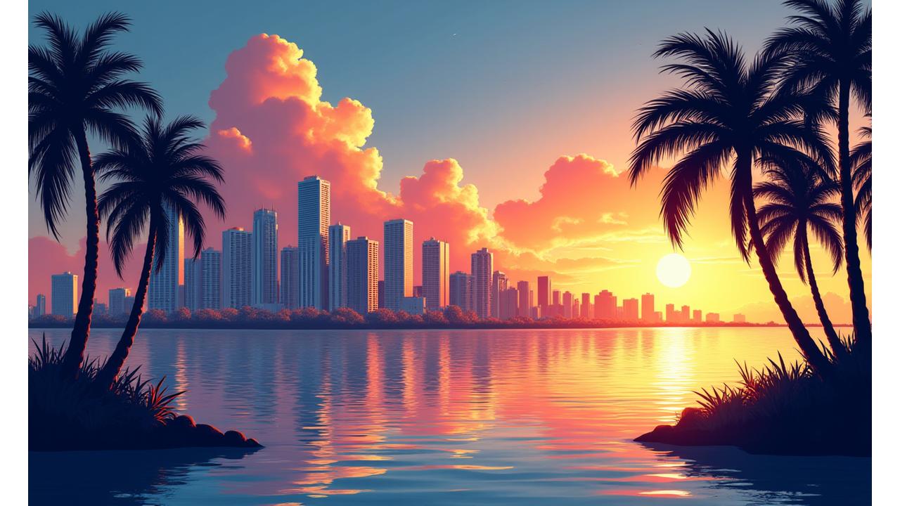 Vibrant Miami skyline at sunset with palm trees in the foreground, evoking a sense of growth and community.