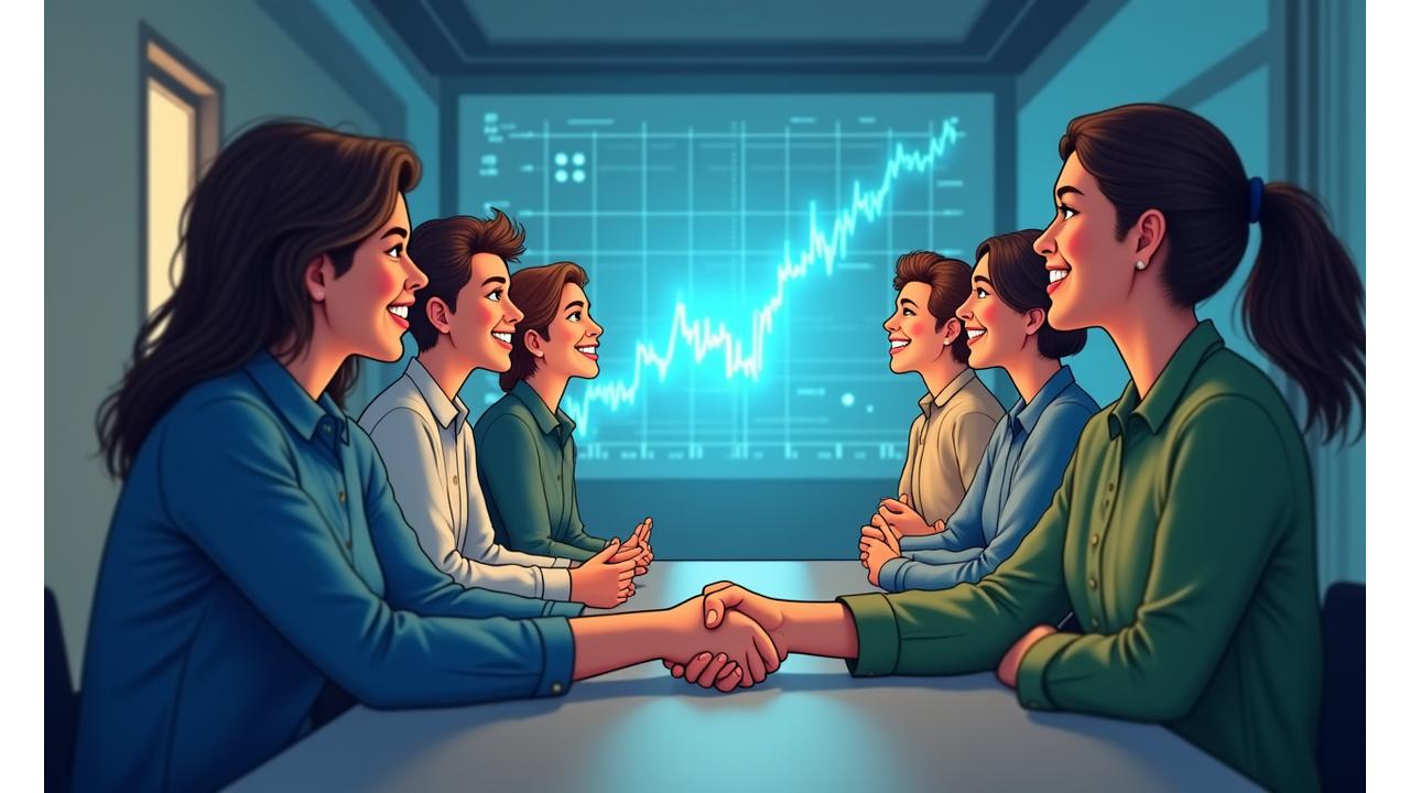 Diverse group of people smiling and looking hopeful, with a glowing financial chart in the background, symbolizing financial inclusion and growth.