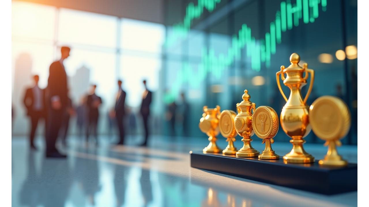 Graphic showing various awards, charts with upward trends, and happy diverse customers, symbolizing company achievement and positive impact.