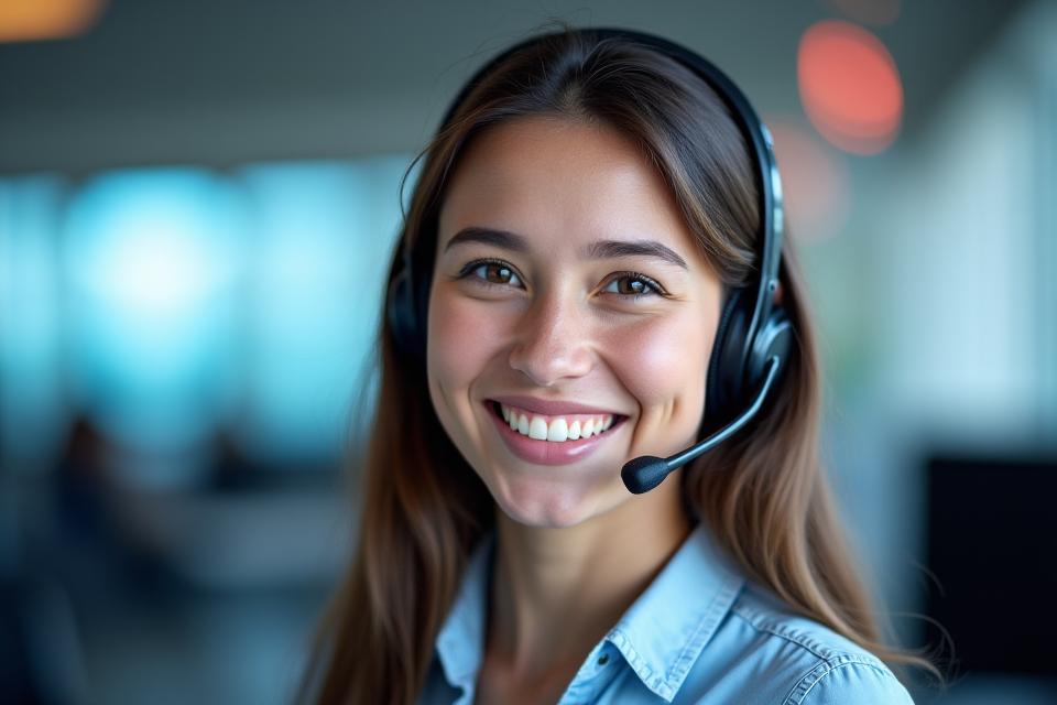 Friendly customer service representative wearing a headset, smiling and ready to help