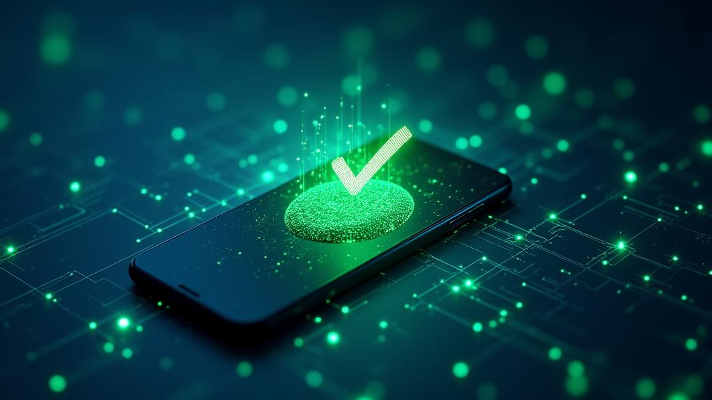 Illustration of a smartphone with a checkmark on screen and data flowing through circuits, symbolizing fast approval