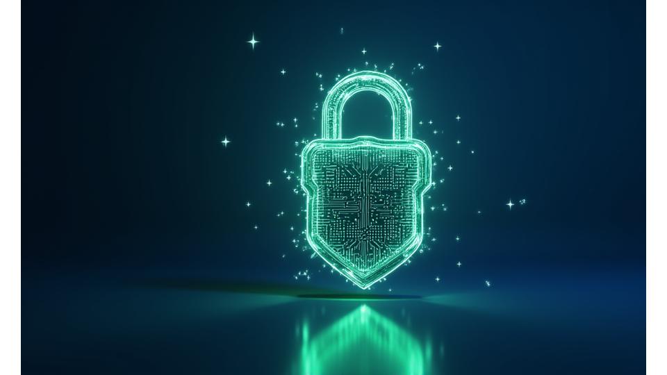 Digital lock icon with glowing shield, symbolizing secure data