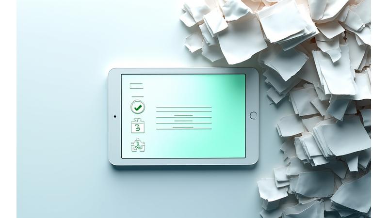 Illustration showing a simplified digital application process with a checkmark and minimal papers, contrasting with a complex, overflowing pile of documents.