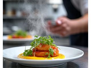 A chef preparing a dish in a professional kitchen, symbolizing the food service industry.