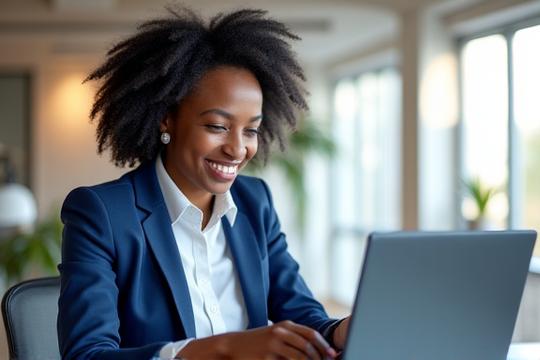 Successful small business owner smiling while working on a laptop in a modern office space, representing growth and innovation.