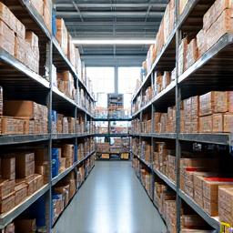Boxes and products neatly stacked in a small business warehouse, representing inventory management.