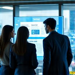 A diverse professional team collaborating on a marketing strategy, with a cityscape in the background.