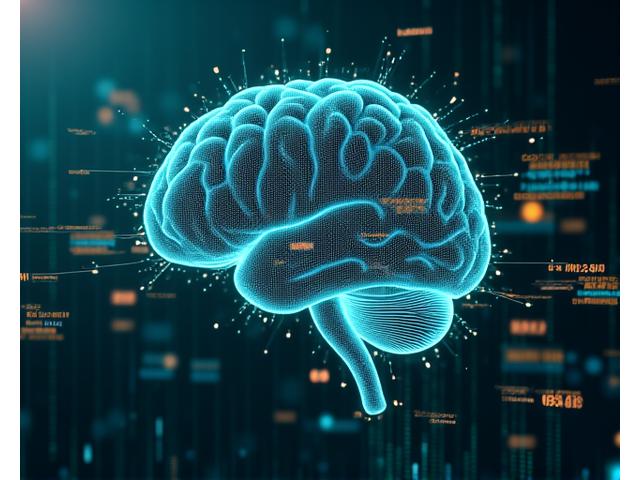 Abstract illustration of artificial intelligence processing data, with glowing lines connecting various data points and financial symbols.