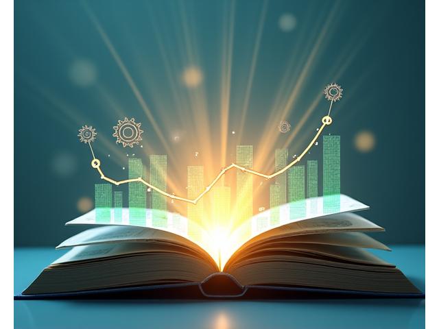 Open book with gears and financial charts overlaying, symbolizing knowledge and financial growth.