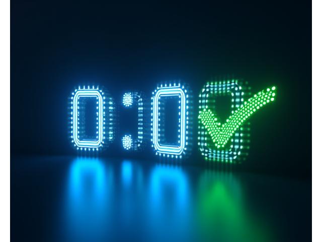 Digital clock displaying zero minutes, symbolizing instant decision and speed.