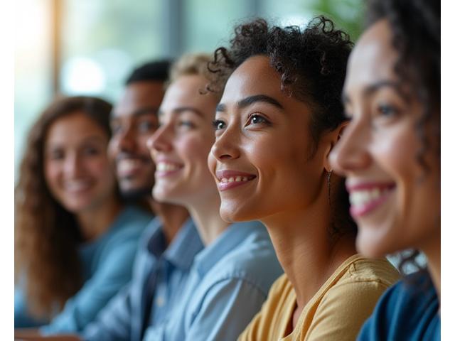 Diverse group of people of various ages and backgrounds looking optimistic, representing financial inclusion.
