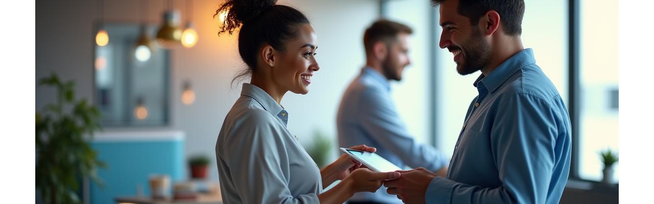 Friendly QuidFlow representative assisting a diverse customer on a modern tablet, symbolizing comprehensive support and ease of access to information
