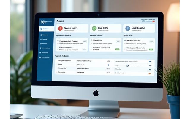 Dashboard view of QuidFlow's online account management portal on a desktop computer, showing payment history, loan status, and quick action buttons.