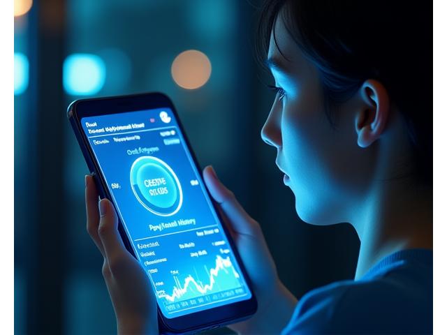 A person holding a credit card and looking at a holographic display of financial data and credit score, symbolizing credit insight.