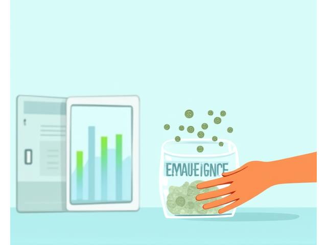 A person setting up an emergency savings goal on a tablet, with a stylized piggy bank icon.