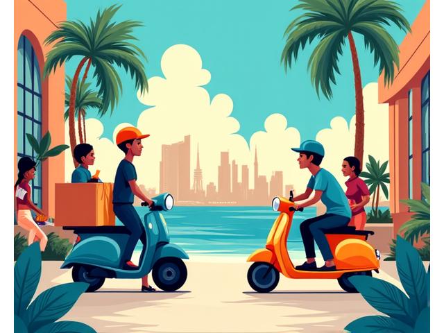 Illustration depicting diverse gig workers (delivery driver, artist, hospitality worker) interacting in a vibrant Miami setting with palm trees and art deco buildings in the background