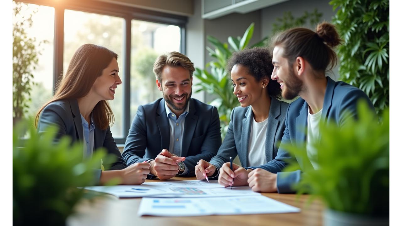 A diverse group of business professionals in a bright, modern office space, discussing plans with visible green plant elements, symbolizing sustainable business growth and collaboration.