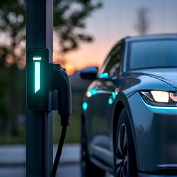 An electric car charging at a home charging station, depicting sustainable transportation.