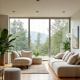 A modern, energy-efficient home interior with natural light and eco-friendly furnishings, illustrating efficiency upgrades.