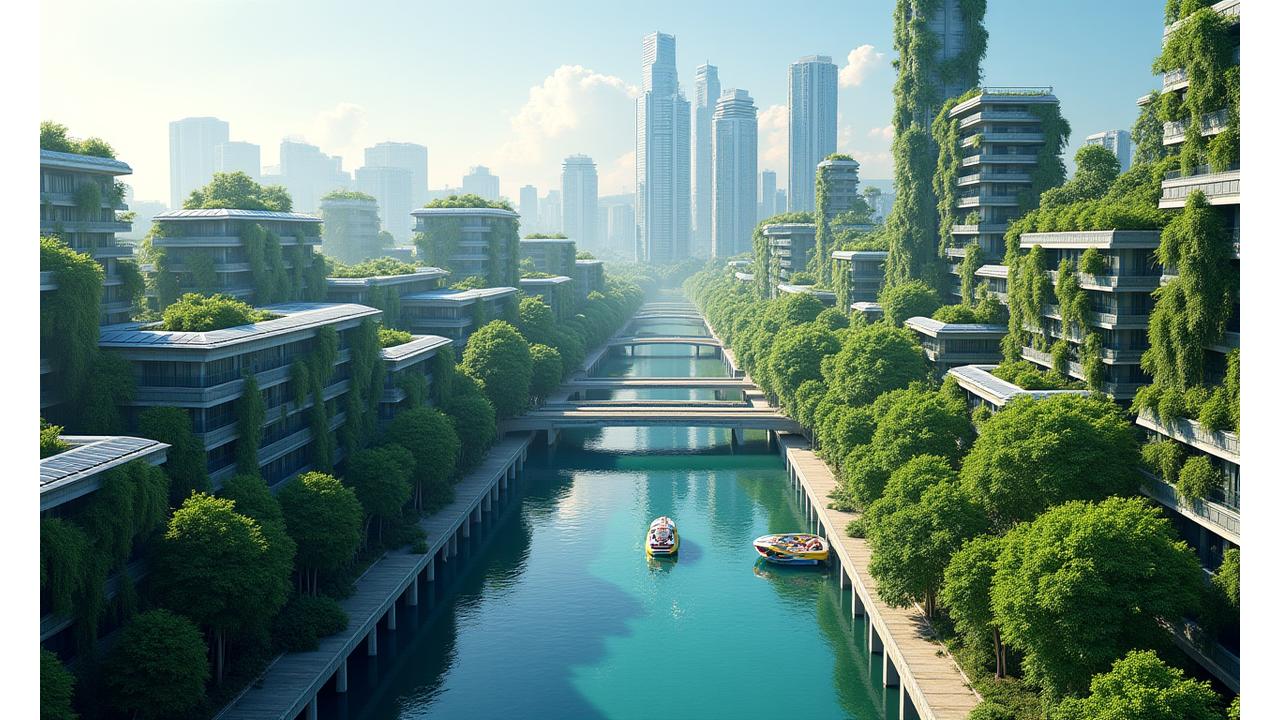 An aerial view of a sustainable, green city with solar panels on rooftops, lush parks, and electric vehicles, representing eco-friendly development.