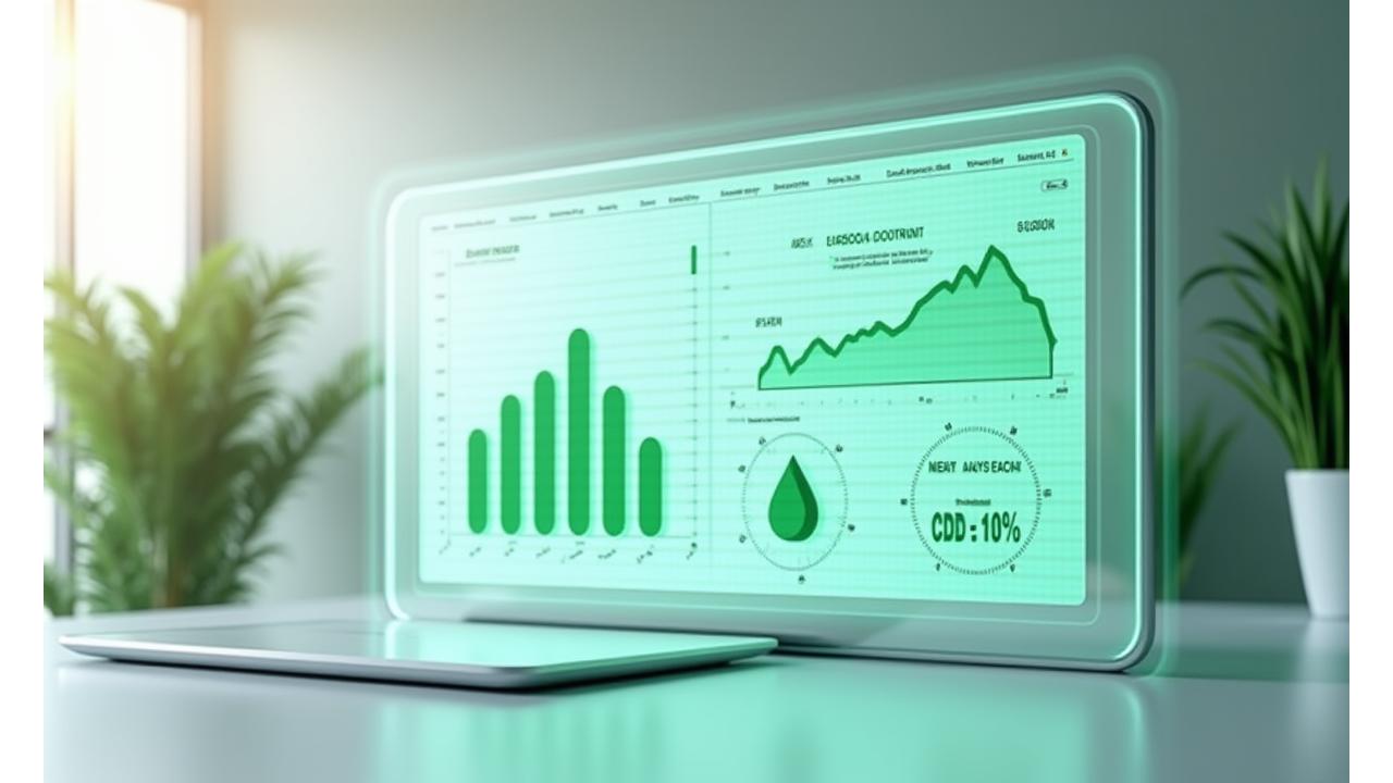 A digital dashboard displaying environmental metrics like carbon footprint reduction, energy savings, and water conservation, with green charts and icons.