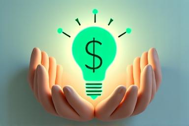 Multiple hands holding a green dollar sign and a lightbulb, symbolizing financial guidance and innovative solutions.