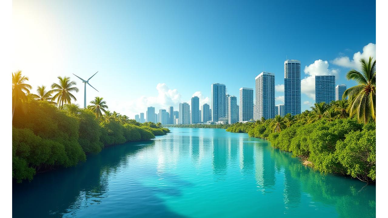 The vibrant Miami skyline contrasted with lush green natural elements and clear blue waters, symbolizing the city's commitment to sustainability.