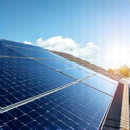 Solar panels on a residential rooftop with a clear blue sky, emphasizing renewable energy.