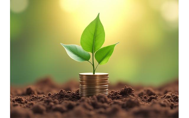 A sapling growing from coins, symbolizing startup capital for an eco-friendly business.