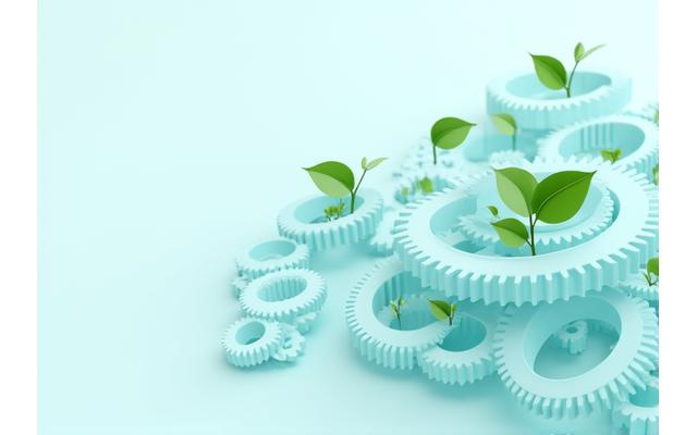 Interconnected gears and leaves, representing an optimized, sustainable supply chain, with a modern, clean aesthetic.