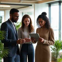 A group of diverse entrepreneurs collaborating in a modern, eco-friendly office space, representing sustainable business growth.
