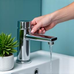 A close-up of a hand turning off a dripping faucet over a plant, symbolizing water conservation efforts.