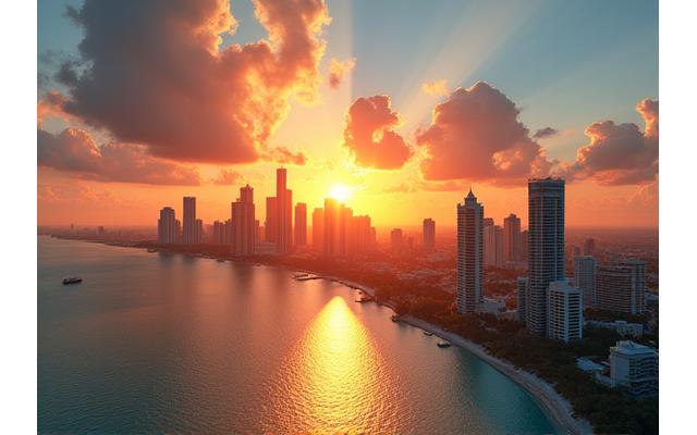 Vibrant Miami skyline at dusk with waterfront in foreground, symbolizing a thriving metropolitan area.