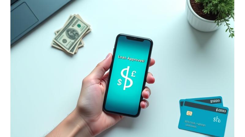 Illustration of a person's hand holding a smartphone with money flowing into a bank app and a quick approval notification.