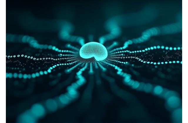 Abstract visualization of interconnected data points and a brain icon, symbolizing artificial intelligence processing complex algorithms related to financial data.