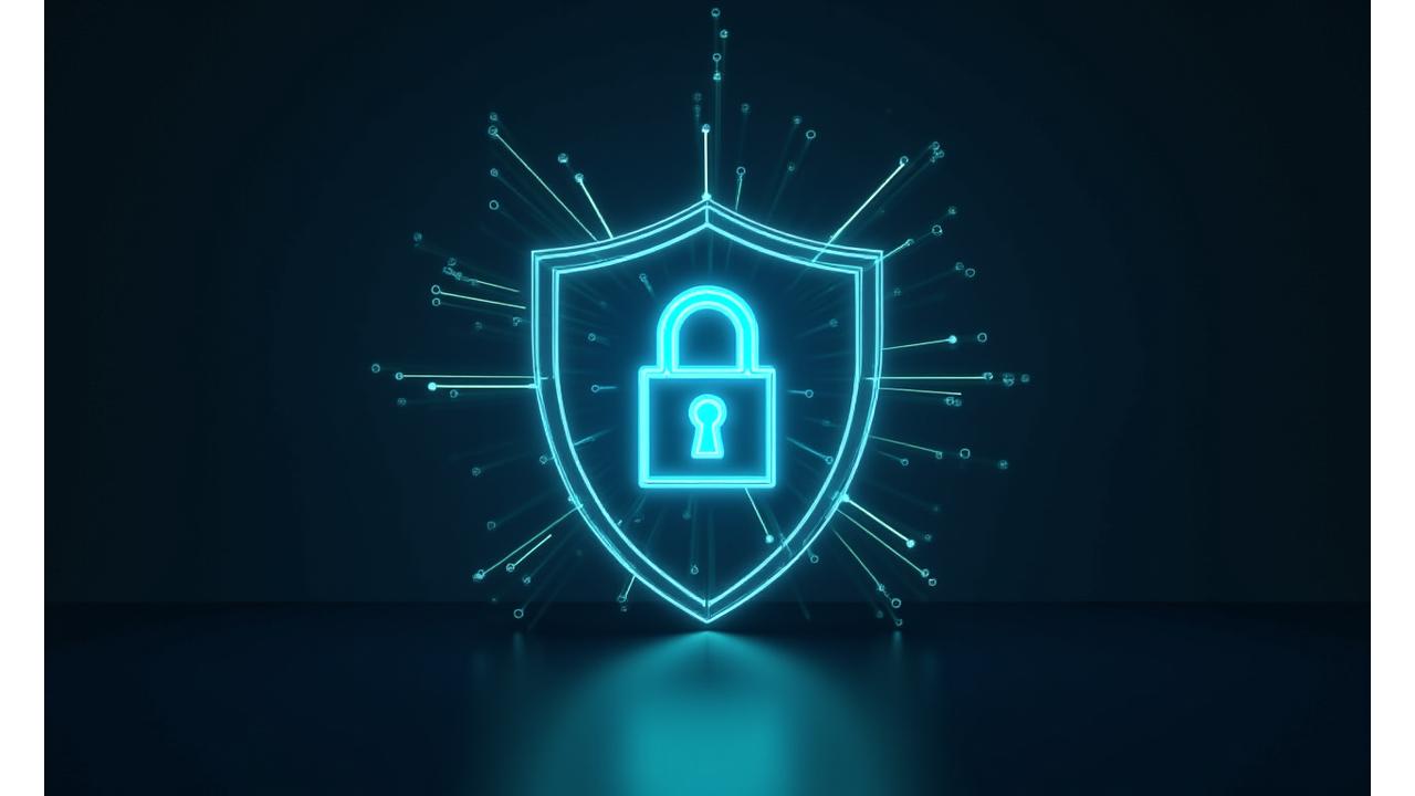 Abstract image of a digital lock and shield, representing data encryption and financial security.