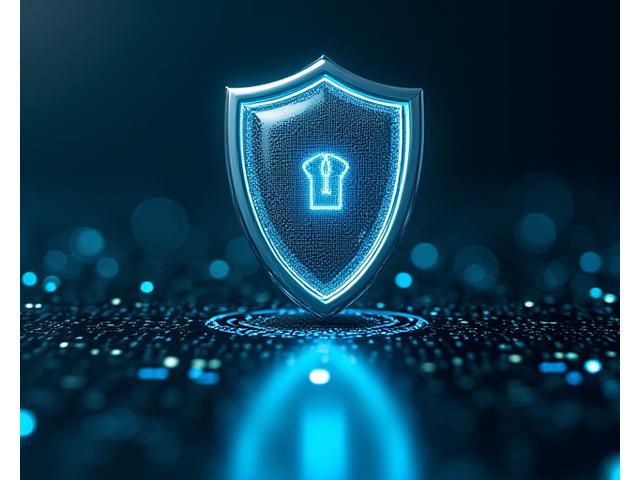 A digital shield icon amidst lines of code, symbolizing robust data encryption and cybersecurity measures.