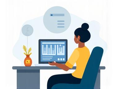 Illustration of a person managing finances on a laptop with charts and graphs