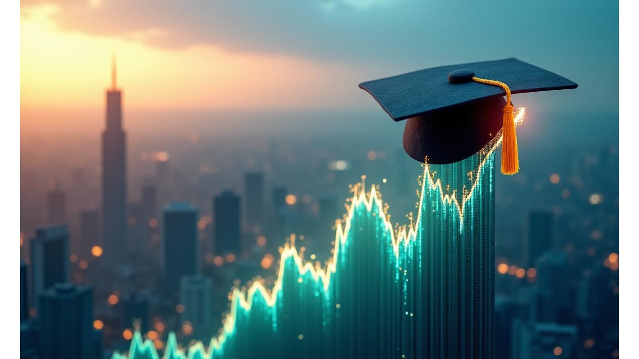 A visual representation of an upward trending financial graph with a graduation cap on top, symbolizing financial growth and successful credit building.